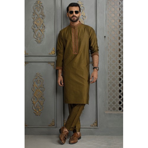 ZGMK2117 Field Drab Cotton Silk Kurta Pajama