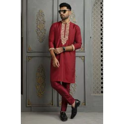 ZGMK2118 Ruby Red Raw Silk Kurta Pajama