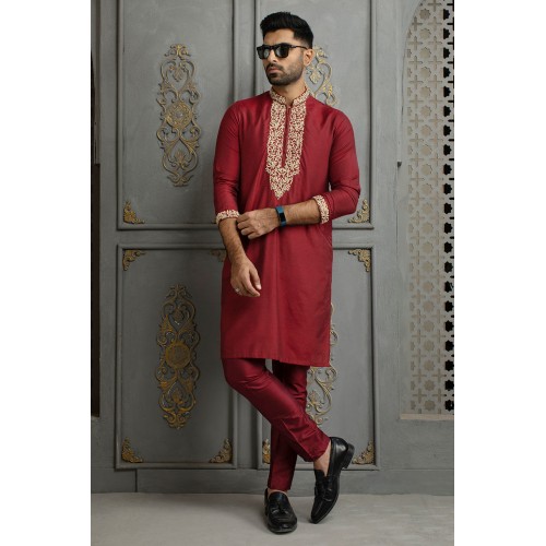 ZGMK2118 Ruby Red Raw Silk Kurta Pajama ZGMK2118 Ruby Red Raw Silk Kurta Pajama