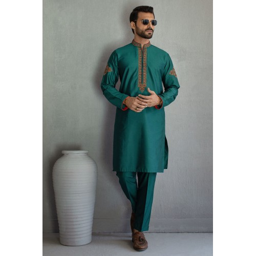 ZGMK2122 Teal Cotton Silk Kurta Pajama