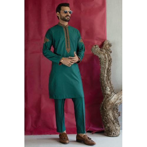 ZGMK2122 Teal Cotton Silk Kurta Pajama