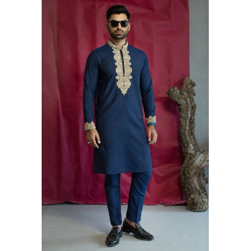 ZGMK2123 Indigo Dye Raw Silk Kurta Pajama
