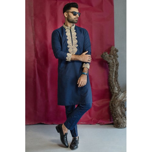 ZGMK2123 Indigo Dye Raw Silk Kurta Pajama