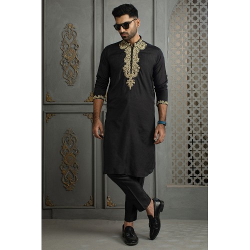 ZGMK2124 Black Raw Silk Kurta Pajama