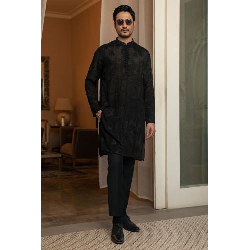 ZGMK2132 Black Cotton Raw Silk Kurta Pajama