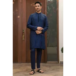 ZGMK2139 Delft Blue Jamawar Kurta Pajama