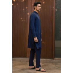 ZGMK2139 Delft Blue Jamawar Kurta Pajama