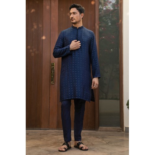 ZGMK2139 Delft Blue Jamawar Kurta Pajama