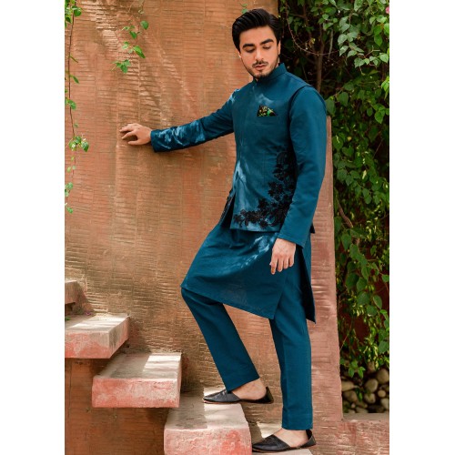 ZGMK2541 Teal Karandi Kurta Pajama