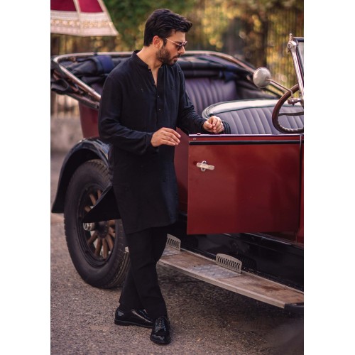 ZGMK2543 Black Raw Silk Kurta Pajama