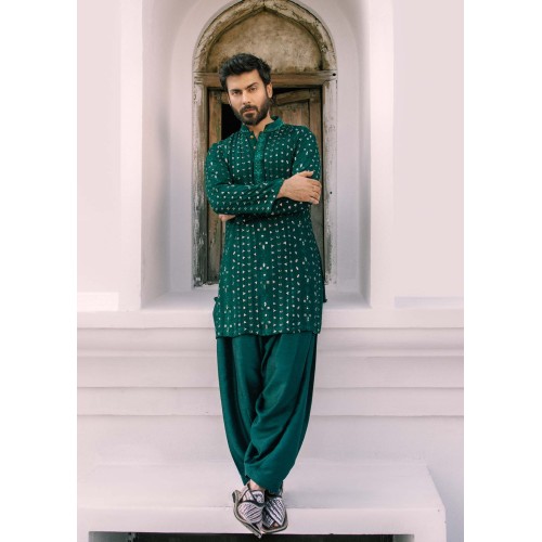 ZGMK2544 Dark Green Raw Silk Kurta Shalwar