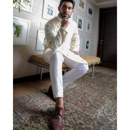 ZGMK2667 Off White Cotton Blend Kurta Pajama