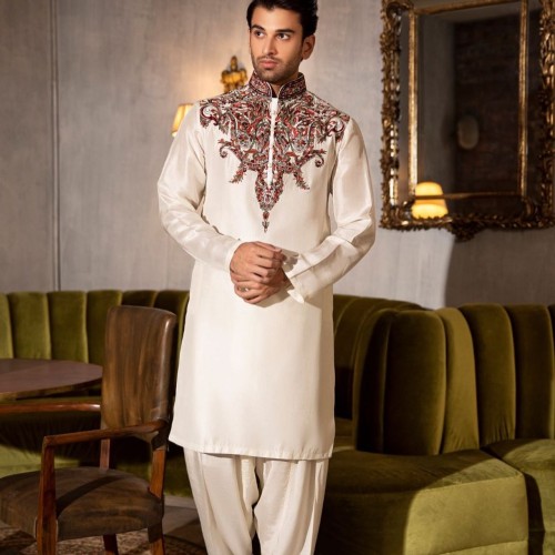 ZGMK2668 Off White Raw Silk Kurta Shalwar