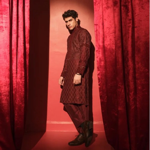 ZGMK2671 Maroon Boski Kurta Pajama