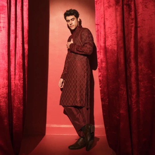 ZGMK2671 Maroon Boski Kurta Pajama