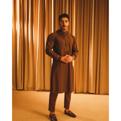ZGMK2676 Brown Cotton Blend Kurta Pajama