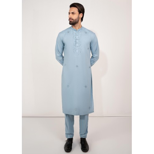 ZGMK2679 Sky Blue Cotton Blend Kurta Pajama