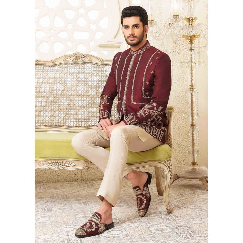 ZGMP2440 Maroon Raw Silk Prince Coat