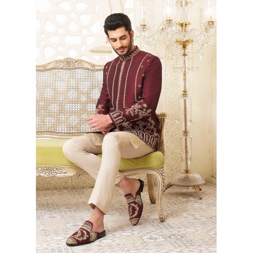 ZGMP2440 Maroon Raw Silk Prince Coat