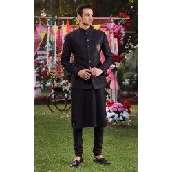 ZGMP2963 Black Embroidered Raw Silk Prince Coat