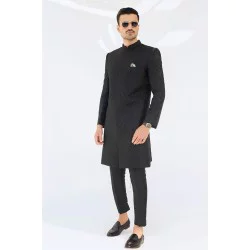 ZGMS2294 Black Raw Silk Sherwani