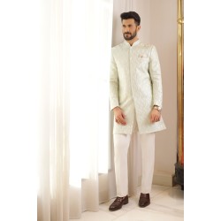 ZGMS2306 Light Nyanza Raw Silk Sherwani