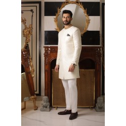 ZGMS2307 Cosmic Latte Silk Sherwani