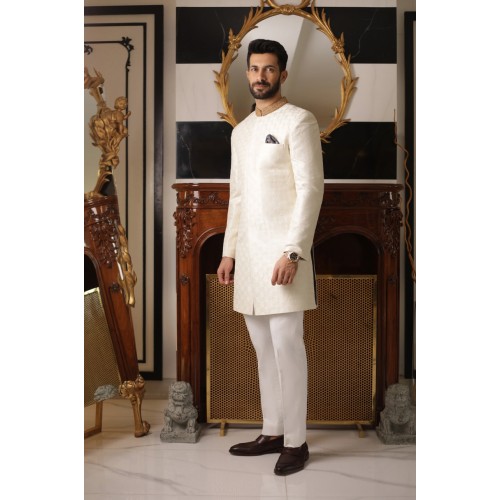 ZGMS2307 Cosmic Latte Silk Sherwani