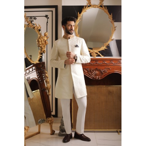 ZGMS2307 Cosmic Latte Silk Sherwani
