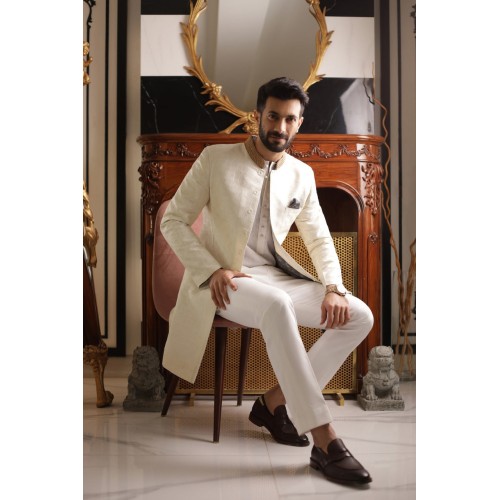ZGMS2307 Cosmic Latte Silk Sherwani