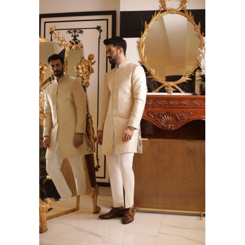 ZGMS2308 Ivory Raw Silk Sherwani