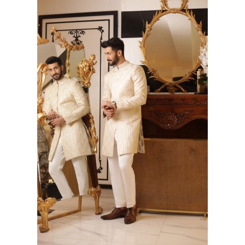 ZGMS2308 Ivory Raw Silk Sherwani