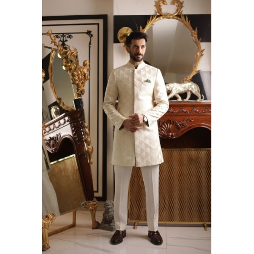 ZGMS2309 Bone Raw Silk Sherwani