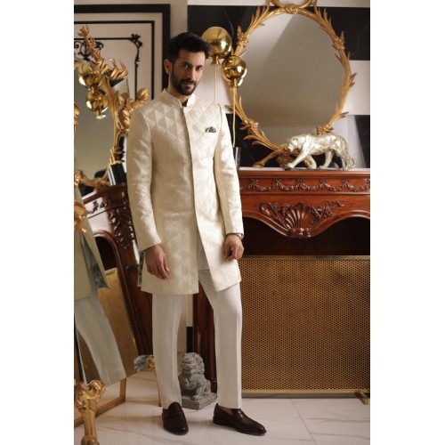ZGMS2309 Bone Raw Silk Sherwani