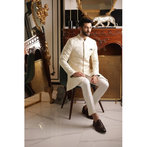 ZGMS2309 Bone Raw Silk Sherwani