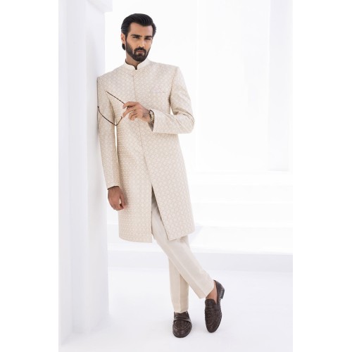 ZGMS2312 Off White Raw Silk Sherwani