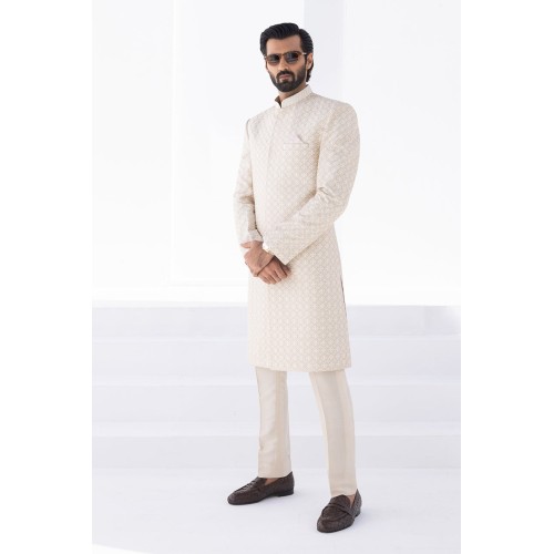 ZGMS2312 Off White Raw Silk Sherwani