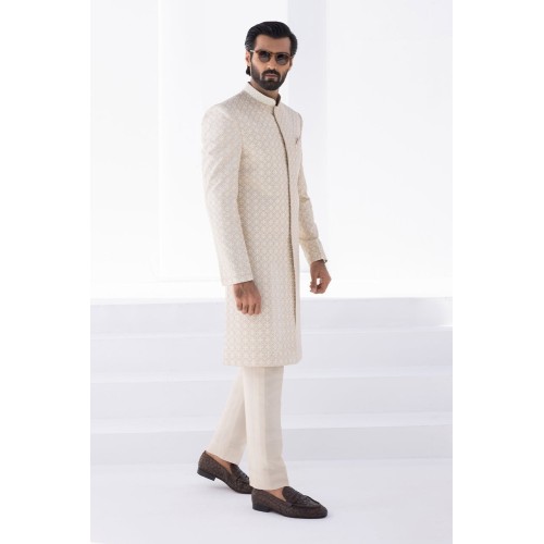 ZGMS2312 Off White Raw Silk Sherwani