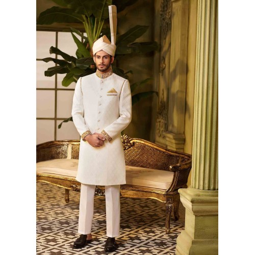 ZGMS2437 Off White Brocade Sherwani