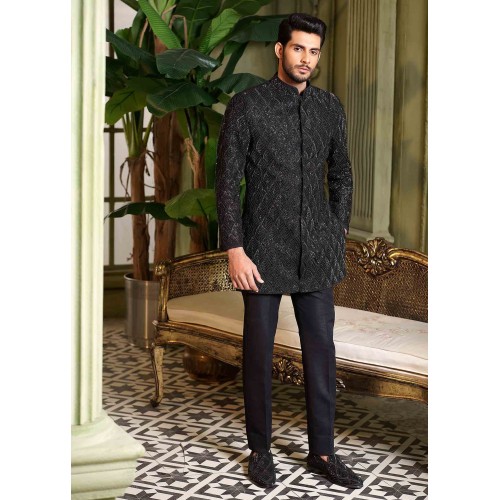 ZGMS2438 Black Raw Silk Sherwani