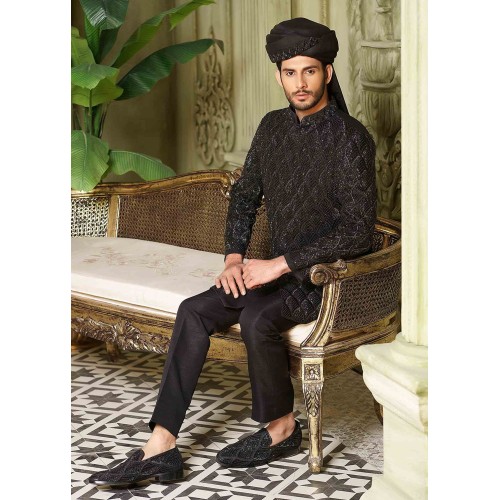 ZGMS2438 Black Raw Silk Sherwani