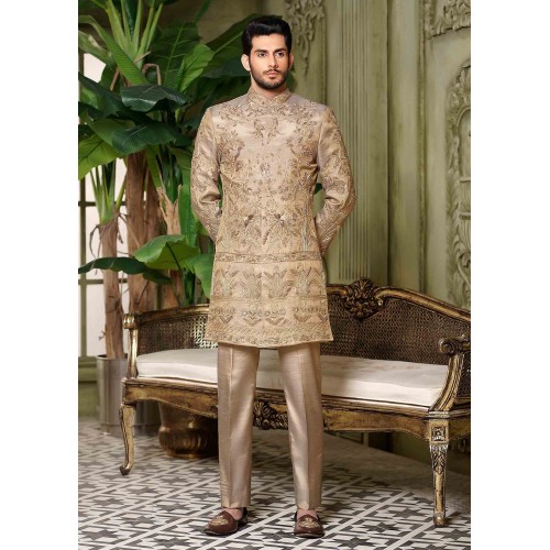 ZGMS2439 Golden Raw Silk Sherwani