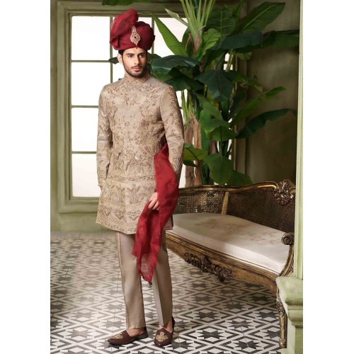 ZGMS2439 Golden Raw Silk Sherwani