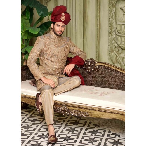 ZGMS2439 Golden Raw Silk Sherwani