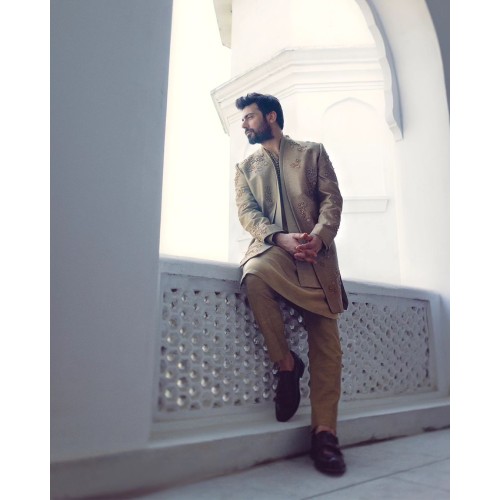 ZGMS2474 Tan Raw Silk Sherwani