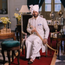 ZGMS2475 White Raw Silk Sherwani with Dhoti
