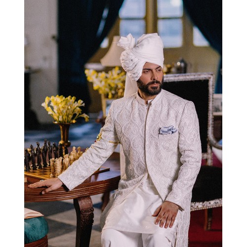 ZGMS2475 White Raw Silk Sherwani with Dhoti ZGMS2475 White Raw Silk Sherwani with Dhoti