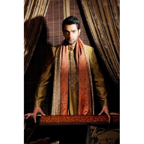 ZGMS2598 Gold Jamawar Sherwani