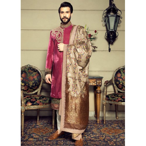 ZGMS2603 Brick Red Velvet Sherwani