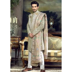 ZGMS2604 Coffee Black Raw Silk Sherwani